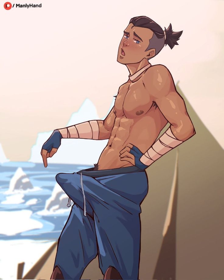 1boy avatar:_the_last_airbender avatar_legends blush bulge male_focus male_pubic_hair manlyhand navel open_mouth pubic_hair sokka tagme water