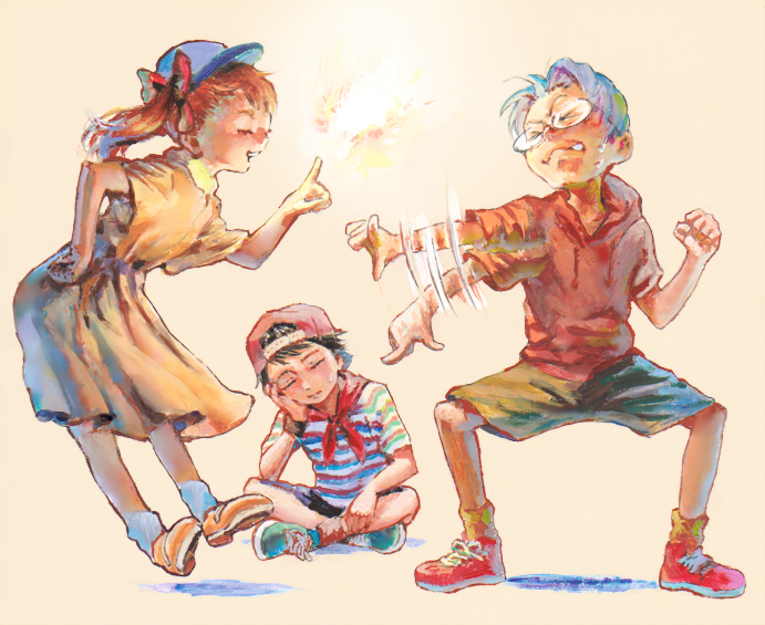 1girl 2boys ana_(mother) backwards_hat black_hair black_shorts blue_footwear blue_headwear bow brown_background brown_hair casting_spell closed_eyes dress envy fire floating from_side full_body glasses grey_hair grey_pants grimace hat hood hooded_sweater index_finger_raised indian_style jealous lloyd_(mother) magic mokorobi mother_(series) mother_1 motion_lines multiple_boys neckerchief ninten nintendo open_mouth orange_dress pants pyrokinesis red_bow red_footwear red_neckerchief red_sweater shirt shoes short_hair short_sleeves shorts sitting socks spread_legs striped_clothes striped_shirt sweater twintails waving_arm white_socks wide_spread_legs yellow_shoes yellow_socks