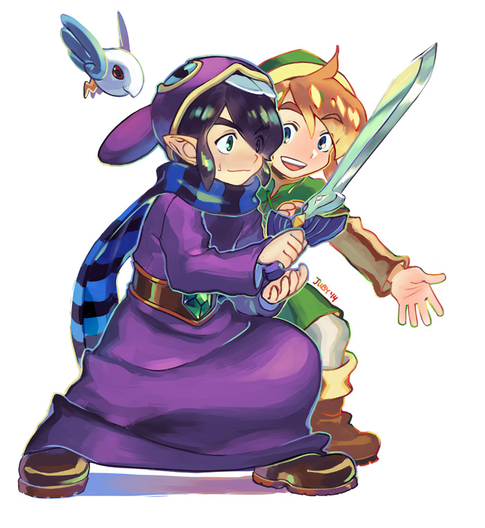 2boys artist_name belt bird black_hair blue_eyes boots brown_hair cloak green_eyes hat hood hooded_cloak juby link master_sword multiple_boys nintendo pointy_ears ravio scarf sheerow sidelocks smile spoilers sword the_legend_of_zelda the_legend_of_zelda:_a_link_between_worlds weapon white_background