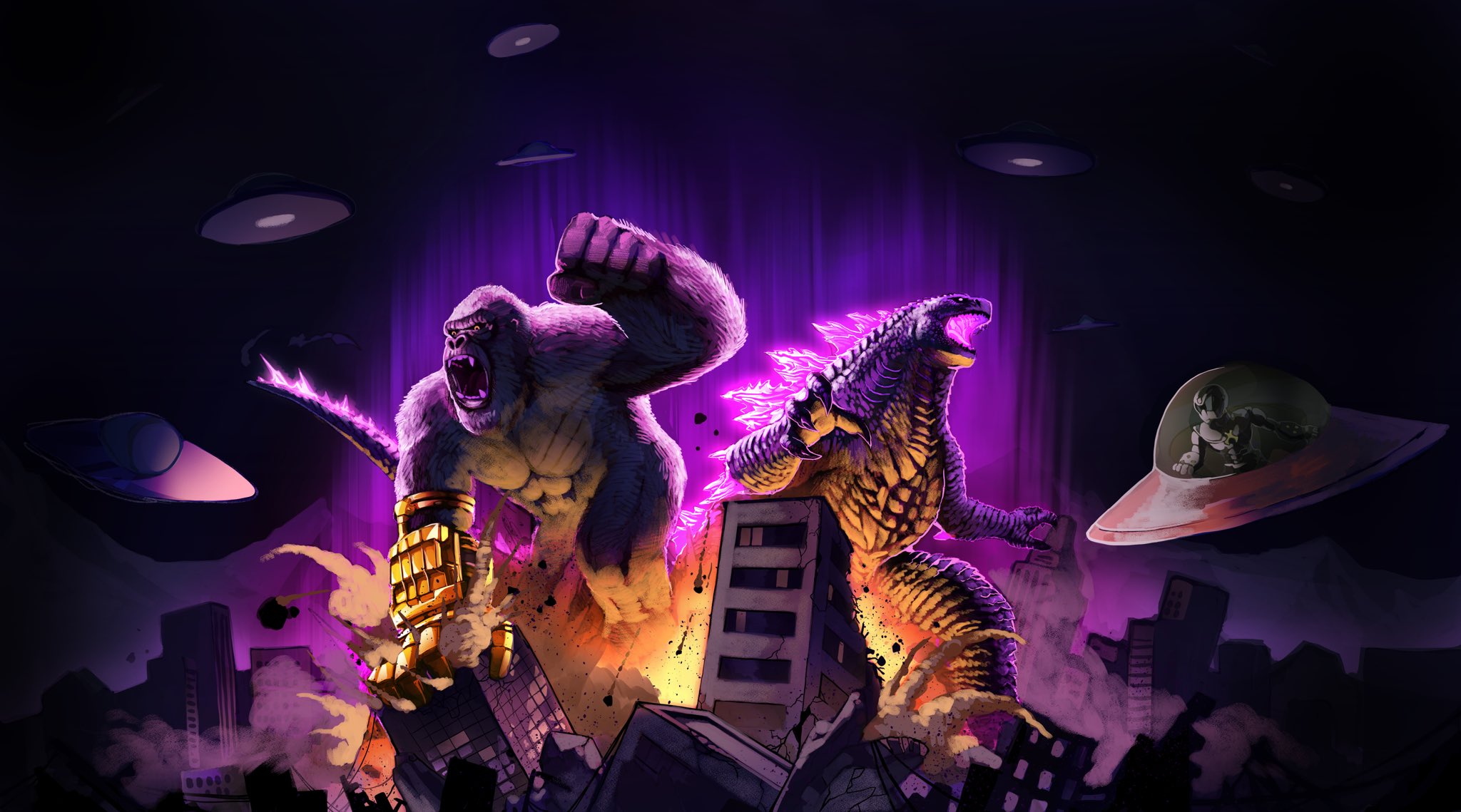 abs alex_alcanter alien ape b.e.a.s.t._glove building city claws crossover destruction dinosaur electroshock_weapon explosion fangs fire flying gauntlets giant giant_monster glowing glowing_eyes glowing_mouth glowing_spikes godzilla godzilla_(monsterverse) godzilla_(series) godzilla_evolved godzilla_x_kong:_the_new_empire gorilla highres kaiju king_kong king_kong_(series) legendary_pictures monster monsterverse multiple_crossover muscular muscular_other night open_mouth pectorals pink_eyes purple_sky roaring sharp_teeth sky skyscraper smoke spacecraft spiked_tail spikes tail teeth thagomizer toho tom_(toonami) tongue toonami ufo weapon yellow_eyes