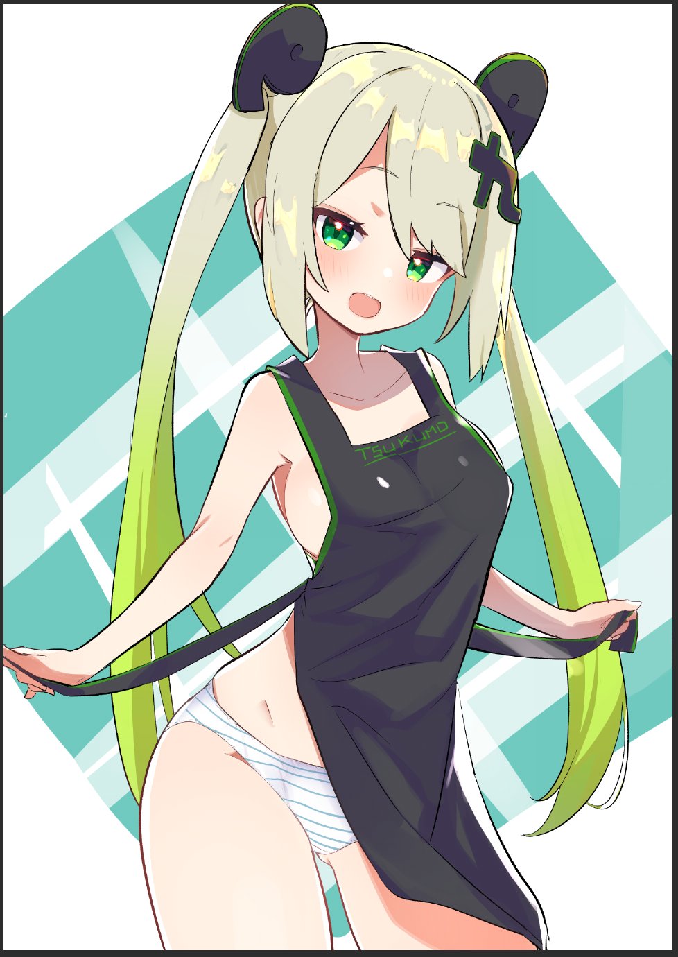 1girl :d apron arched_back bare_arms bare_shoulders black_apron blonde_hair blush caburi commentary contrapposto gradient_hair green_eyes green_hair groin hair_ornament head_tilt highres kanji_hair_ornament long_hair looking_at_viewer mascot multicolored_hair nearly_naked_apron open_mouth original panties petite removing_apron smile solo striped_clothes striped_panties swept_bangs tsukumo-tan underwear undressing untying very_long_hair white_panties