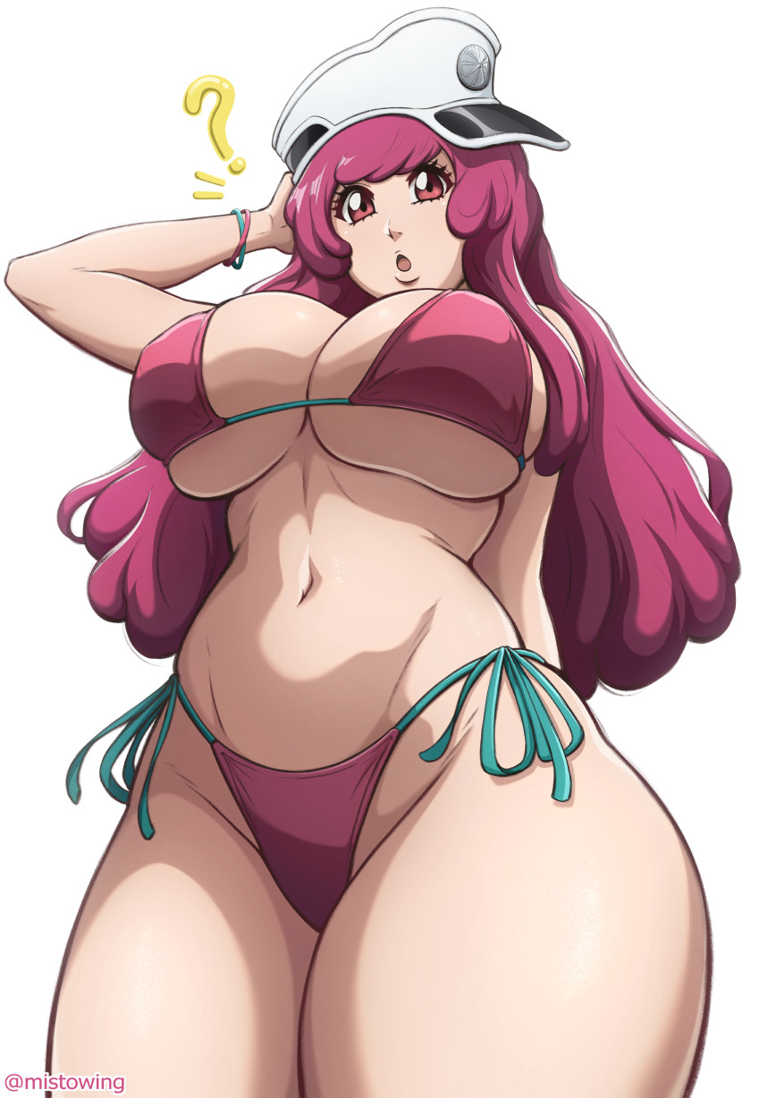 1girl arm_behind_head artist_name bikini bleach bleach:_sennen_kessen-hen bracelet breasts cleavage female_focus hat highres jewelry large_breasts long_hair meninas_mcallon military_hat mistowing open_mouth purple_eyes purple_hair quincy_(bleach) simple_background sternritter swimsuit underboob white_background