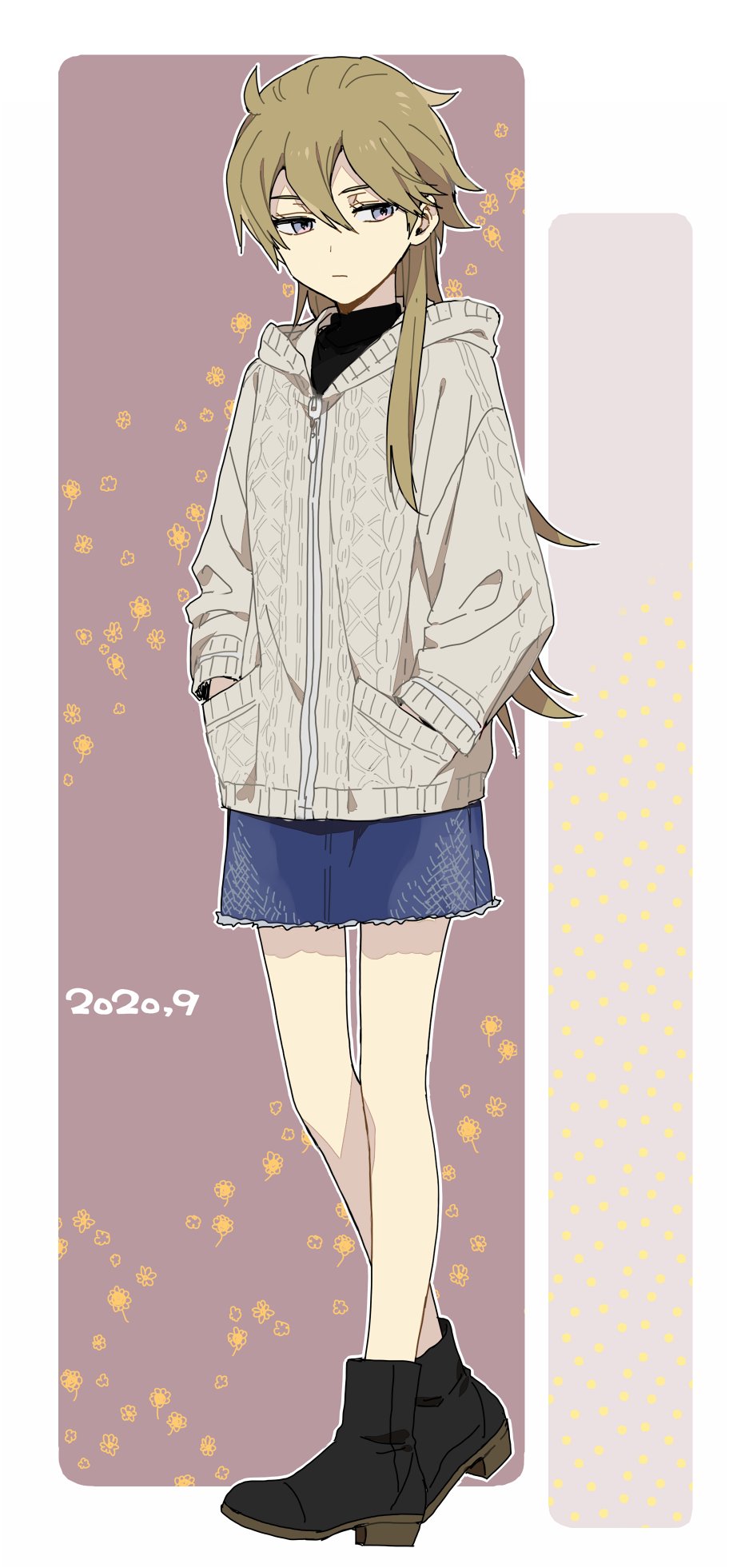 1girl 7100potechi ankle_boots black_boots boots brown_hair cardigan closed_mouth dated denim denim_shorts flat_chest full_body genderswap genderswap_(mtf) hair_between_eyes hands_in_pockets highres hood hood_down hyuse light_brown_hair long_hair long_sleeves looking_away miniskirt purple_eyes shorts sideways_glance skirt solo standing turtleneck world_trigger zipper