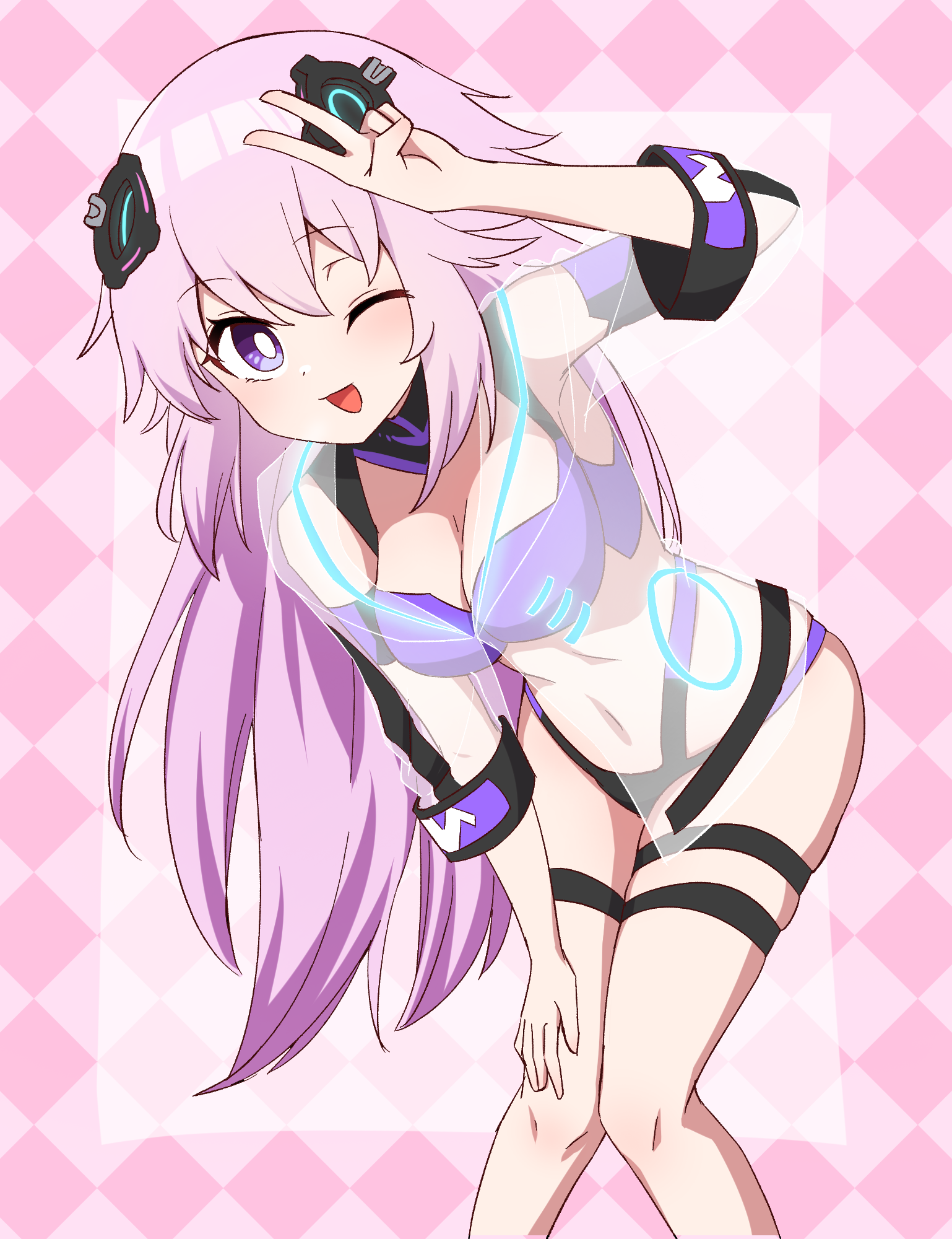 1girl adult_neptune breasts choujigen_game_neptune hair_between_eyes highres large_breasts long_hair neptune_(neptunia) neptune_(series) one_eye_closed pink_eyes purple_eyes purple_heart_(neptunia) solo thigh_strap user_scwy5773 v