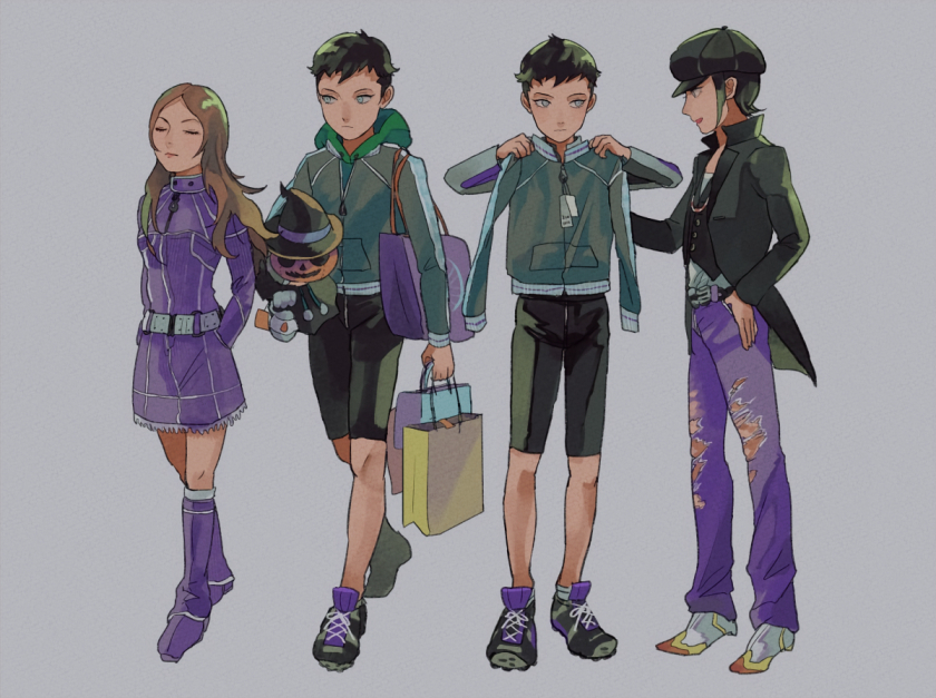 1girl 2boys bag belt black_hair black_hat black_jacket black_shorts brown_hair cabbie_hat closed_eyes demi-fiend denim denim_boots denim_dress full_body grey_background hands_in_pockets hat hood hooded_jacket jacket jeans long_hair misosuke multiple_boys nitta_isamu pants pyro_jack shin_megami_tensei shin_megami_tensei_iii:_nocturne shoes shopping shopping_bag short_hair shorts sneakers standing stuffed_toy tachibana_chiaki_(megami_tensei) thumb_in_pocket torn_clothes torn_jeans torn_pants trying_on_clothes walking