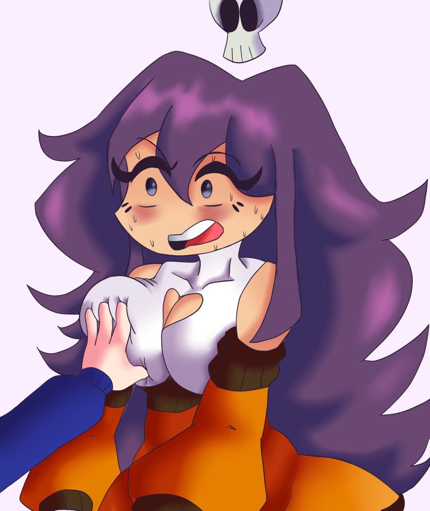 1boy 1girl artist_request blue_sweater blush breasts cleavage_cutout clothing_cutout female_focus friday_night_funkin&#039; friday_night_funkin_mod groping groping_breast hispanic large_breasts latina_girl lylace offsceeen_person open_mouth orange_sweater purple_hair sexual_harassment sexually_suggestive sharv shocked_pupils skull suprised_look sweater youtube