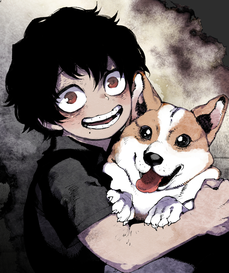 1boy aged_down animal animal_hug bags_under_eyes black_hair black_shirt boku_no_hero_academia child collared_shirt commentary_request dog from_side grey_background grin hair_between_eyes hatching_(texture) holding holding_animal holding_dog looking_at_viewer male_focus mankintan messy_hair mole mole_under_mouth mon_(boku_no_hero_academia) open_mouth red_eyes shigaraki_tomura shimura_tenko shirt short_hair short_sleeves smile teeth tongue tongue_out upper_body welsh_corgi