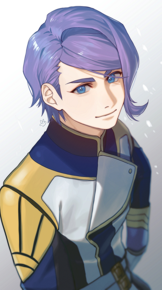 1boy arms_at_sides artist_logo belt blue_eyes closed_mouth commentary_request gaelio_bauduin grey_background gundam gundam_tekketsu_no_orphans jacket logo long_sleeves looking_at_viewer male_focus military_jacket multicolored_jacket multiple_belts purple_hair purple_jacket short_hair smile solo upper_body ususio_11 white_belt white_jacket yellow_jacket