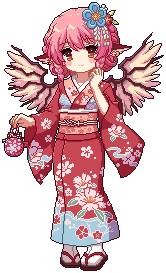 1girl alternate_costume animal_ears bird_ears bird_wings brown_eyes earrings floral_print floral_print_kimono flower_hairpin full_body game_cg holding japanese_clothes jewelry kimono kumio lowres medium_hair mystia_lorelei pink_hair print_kimono red_kimono sandals single_earring solo tabi tachi-e third-party_source touhou touhou_mystia&#039;s_izakaya transparent_background wings zouri