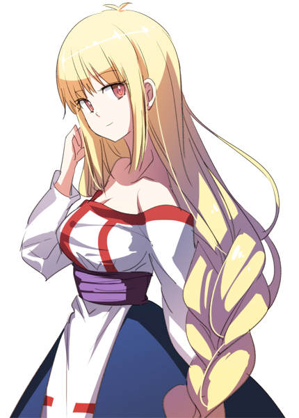 1girl arc_the_lad arc_the_lad_ii bare_shoulders blonde_hair braid breasts brown_eyes brown_hair cleavage closed_mouth cota dress lieza_(arc_the_lad) long_hair looking_at_viewer low-tied_long_hair simple_background single_braid smile solo very_long_hair white_background