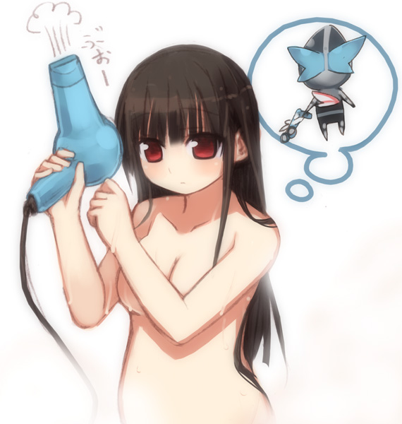 1girl animal arima_senne armor belt blush breasts brown_hair bug chibi collarbone dragonfly drake_grip drake_zecter female_focus gun hair_dryer helmet holding imagining insect kamen_rider kamen_rider_drake kamen_rider_kabuto_(series) kashiwamochi_yomogi long_hair looking_at_viewer medium_breasts nude original red_eyes robot solo speech_bubble thought_bubble weapon wet
