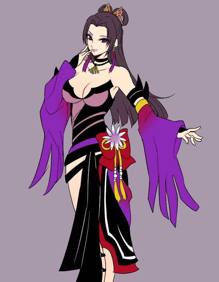 1girl bad_id bad_pixiv_id bare_shoulders black_hair blue_eyes breasts bridal_gauntlets choker cleavage detached_sleeves dress earrings eyeshadow female_focus flat_color hair_ornament hair_rings jewelry large_breasts lips long_hair makeup mojya necklace nouhime_(sengoku_musou) sengoku_musou side_slit simple_background smile solo strapless strapless_dress