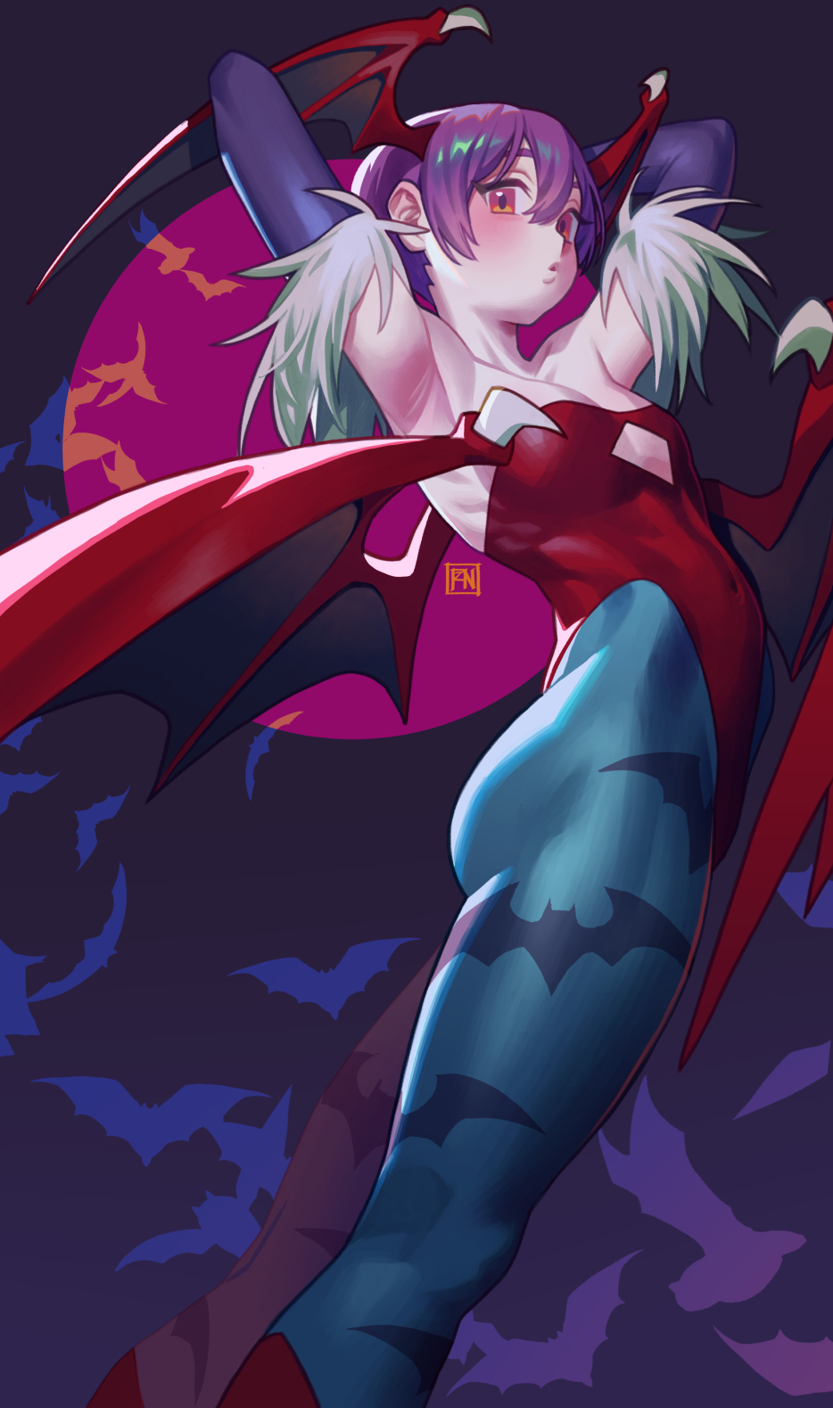 1girl animal_print bare_shoulders bat_print bat_wings blue_pantyhose breasts darkstalkers demon_girl diamond_cutout head_wings highleg highres leotard lilith_(darkstalkers) looking_at_viewer pantyhose poch4n print_pantyhose purple_hair red_eyes red_leotard short_hair small_breasts solo wings