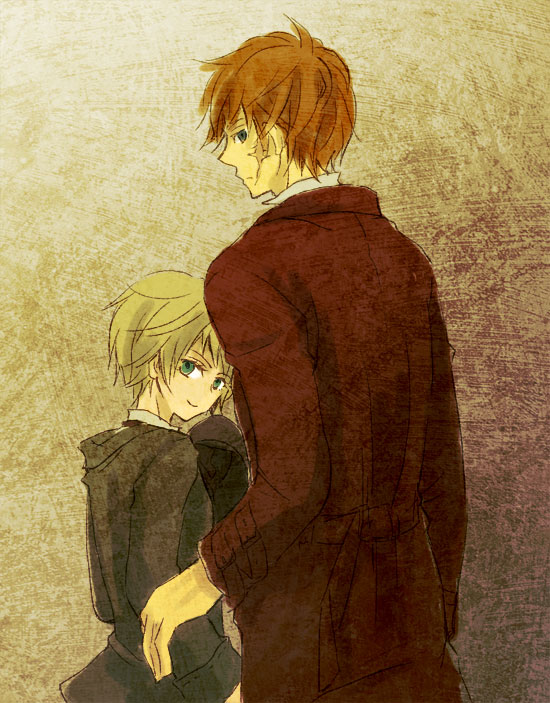 1boy 1girl blonde_hair blue_eyes coat green_eyes kobutya4696 larten_crepsley long_coat looking_back malora_(the_saga_of_larten_crepsley) red_hair scar short_hair smile the_saga_of_darren_shan the_saga_of_larten_crepsley aged_down