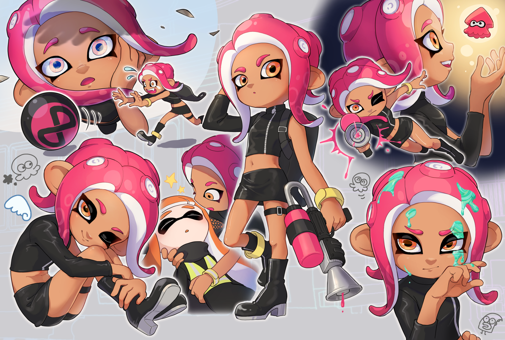 2girls 8-ball agent_3_(splatoon) agent_8_(splatoon) arm_up backpack bag bike_shorts black_footwear black_shirt black_skirt boots brown_eyes brown_hair closed_eyes commentary_request dark-skinned_female dark_skin full_body hand_on_own_cheek hand_on_own_face highres inkling inkling_(squid) inkling_girl inkling_player_character knees_up long_hair midriff miniskirt multiple_girls multiple_views navel nintendo octoling octoling_girl octoling_player_character open_mouth pointy_ears red_hair running shirt short_shorts shorts shorts_under_skirt sitting skirt splatoon_(series) splatoon_2 splatoon_2:_octo_expansion suction_cups tentacle_hair thigh_strap watakei_(16161717) weapon