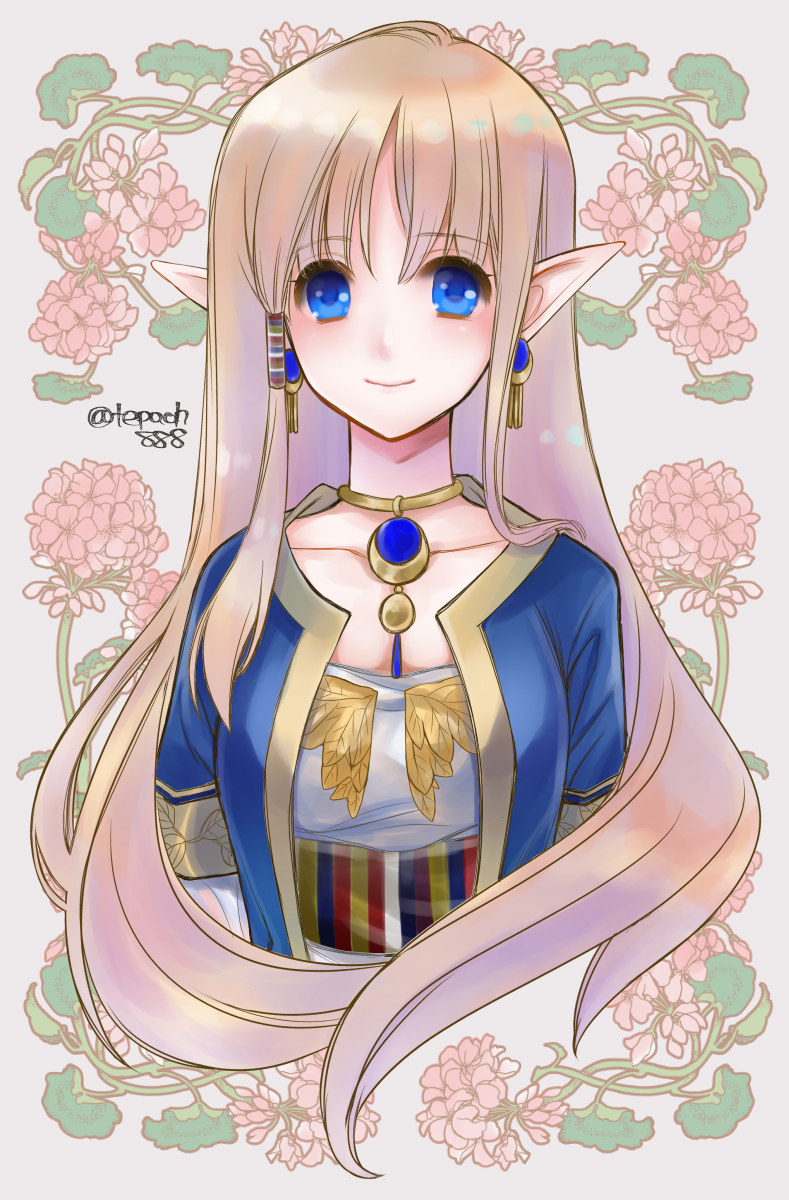 blonde_hair blue_eyes earrings elf flower highres jewelry light_smile long_hair mabinogi pointy_ears portia_(mabinogi) tepaoh888 white_background