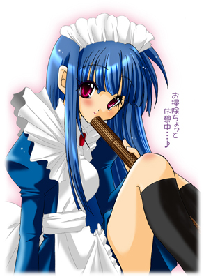 1girl alice_(ragnarok_online) apron bad_id black_socks blue_dress blue_hair breasts closed_mouth commentary_request dress juliet_sleeves kawai_maria kneehighs long_hair long_sleeves lowres maid maid_apron maid_headdress medium_breasts puffy_sleeves ragnarok_online red_eyes smile socks solo translation_request white_apron