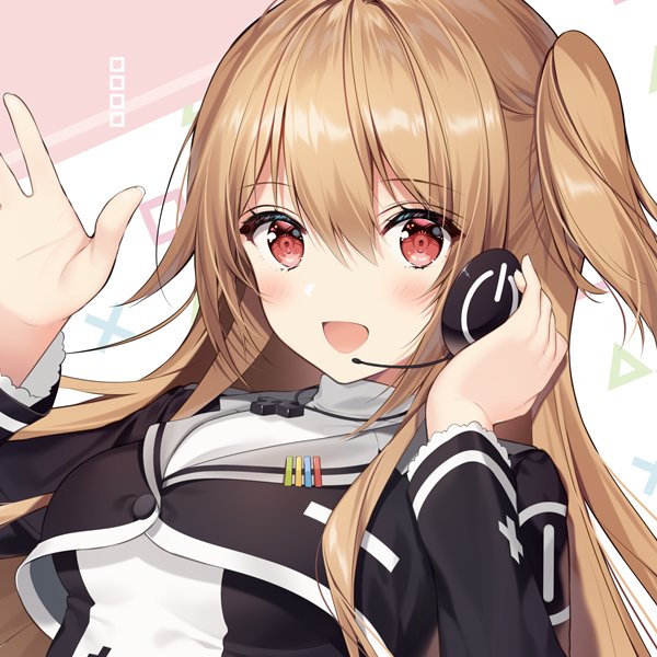 1girl :d black_dress blonde_hair blush breasts commentary_request cropped cross cross_necklace dress game_club_project greek_cross hands_up headset jewelry long_hair looking_at_viewer necklace necomi official_art one_side_up open_mouth red_eyes school_uniform smile solo two-tone_dress upper_body virtual_youtuber white_dress yumesaki_kaede_(game_club_project)
