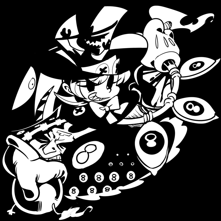 1girl 2boys avery_(skullgirls) cigar george_the_bomb gloves grin hat lenny_the_bomb mechanical_arms monochrome multiple_boys peacock_(skullgirls) skullgirls smile smoke teeth tommy_ten-tons top_hat yojio_(2188)