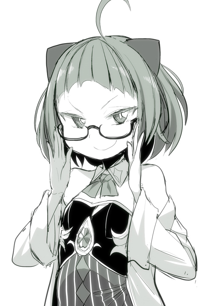 1girl ahoge bare_shoulders blunt_bangs closed_mouth commentary_request detached_collar glasses hands_on_eyewear hands_up ken_(koala) lab_coat long_sleeves looking_at_viewer magia_record:_mahou_shoujo_madoka_magica_gaiden magical_girl mahou_shoujo_madoka_magica miyako_hinano monochrome off_shoulder short_hair simple_background smile solo upper_body white_background