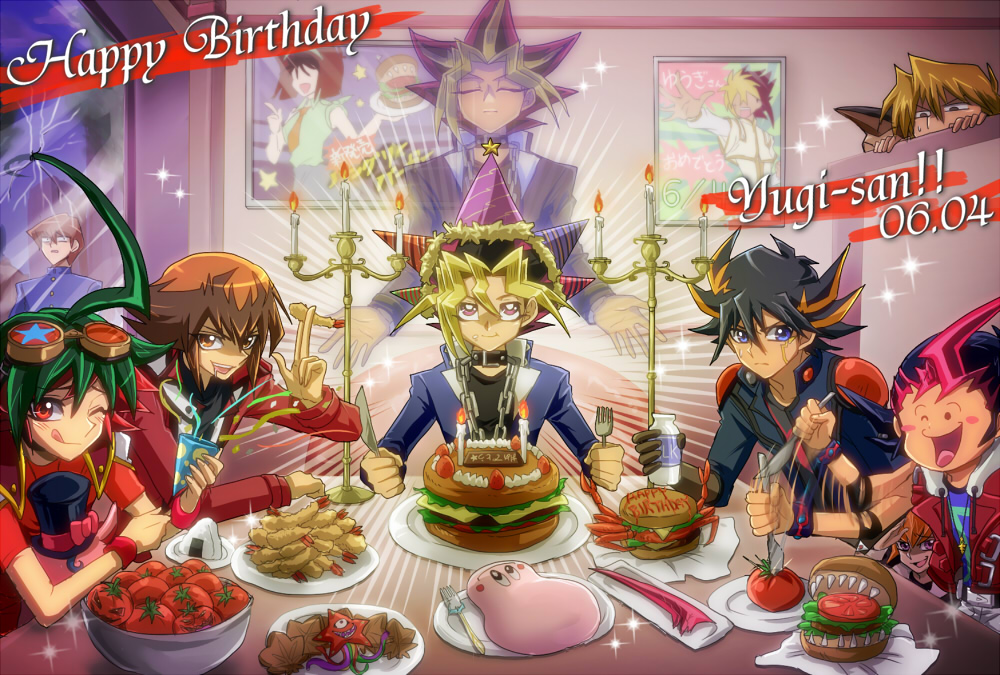 6+boys :q ;d black_hair blank_stare blonde_hair broken_glass cake candle candlelight candlestand character_request closed_eyes colored_bangs confetti dated decorations dinner duel_monster expressionless fire food food-themed_creature food_on_face fork fudo_yusei ghost glass glasses goggles goggles_on_head happy_birthday honda_hiroto hungry_burger iv_(yu-gi-oh!) jonouchi_katsuya kaiba_seto looking_at_viewer male_focus marshmallon mazaki_anzu multicolored_hair multiple_boys muto_yugi mystic_tomato one_eye_closed open_mouth party_popper performapal_hip_hippo pink_hair raijin-bh sakaki_yuya shatter shingetsu_rei smile spiked_hair star_(symbol) star_boy surprised table tongue tongue_out tsukumo_yuma vector_(yu-gi-oh!) wax yami_yugi yu-gi-oh! yu-gi-oh!_5d&#039;s yu-gi-oh!_arc-v yu-gi-oh!_duel_monsters yu-gi-oh!_gx yu-gi-oh!_zexal yuki_judai yuu-gi-ou yuu-gi-ou_zexal