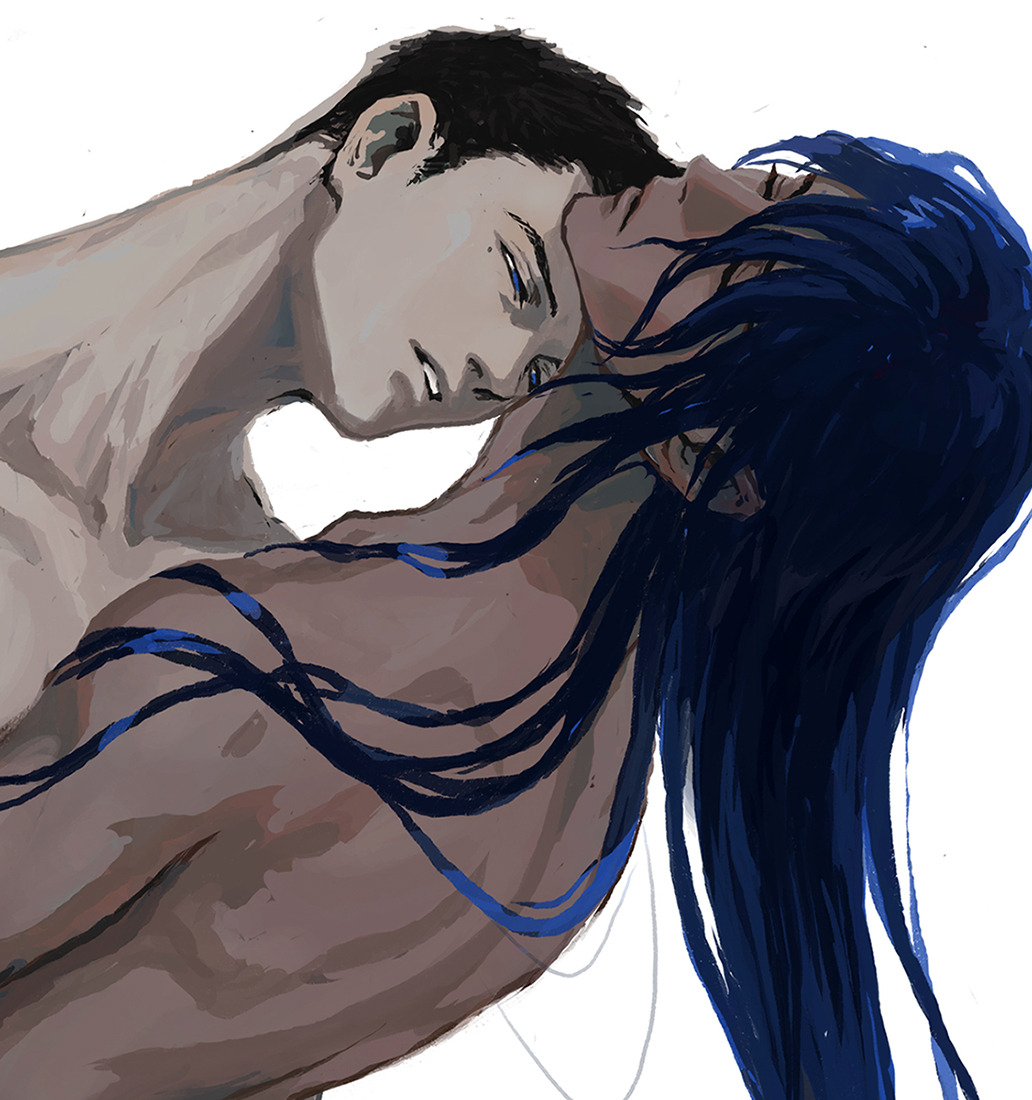 2boys adam&#039;s_apple aidonotknow black_hair blue_eyes blue_hair closed_eyes closed_mouth hair_between_eyes hair_focus hair_over_face hair_over_shoulder hair_strand_focus half-closed_eyes head_back implied_after_sex legato_bluesummers long_hair looking_at_another millions_knives multiple_boys neck nude open_mouth short_hair simple_background straight_hair trigun trigun_maximum upper_body very_long_hair very_short_hair white_background yaoi