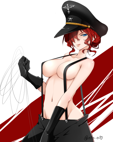 1girl :q bakuretsu_hunters black_gloves black_hat black_shorts blush breasts chocolate_misu closed_mouth commentary_request cowboy_shot garrote gloves hair_between_eyes hair_over_one_eye hat large_breasts long_bangs looking_at_viewer mizutani_yuuko naked_suspenders oto_o10 peaked_cap red_eyes red_hair short_hair shorts smile solo suspenders tongue tongue_out white_background