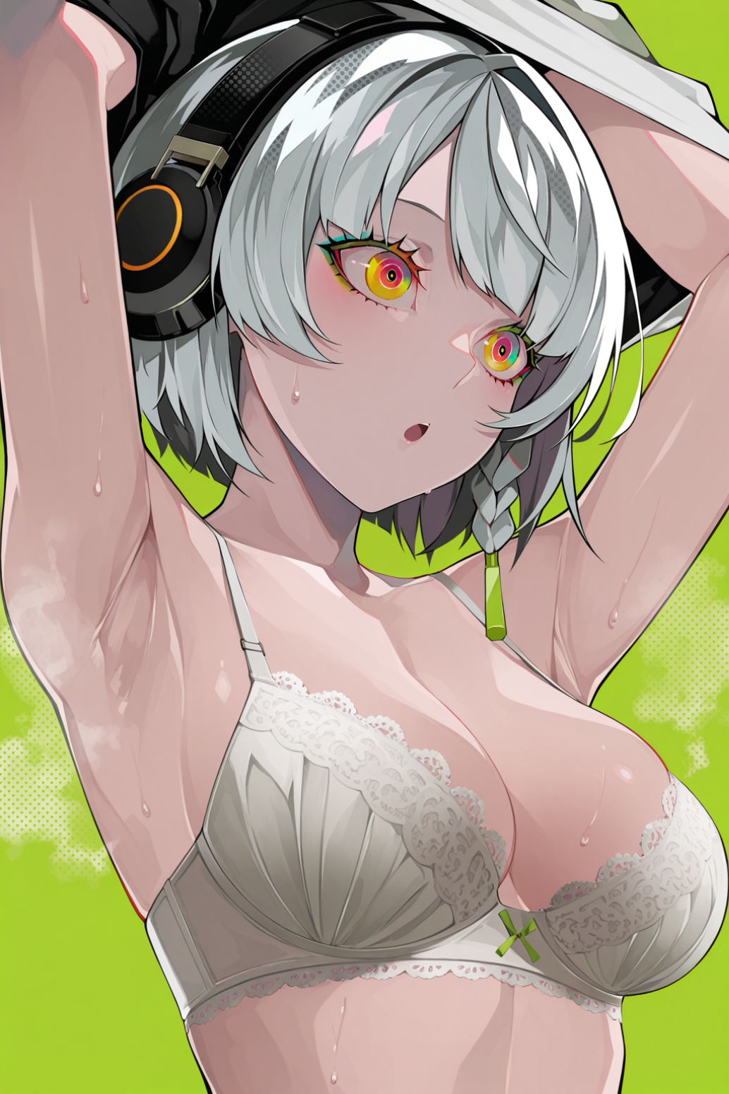 1girl :o anby_demara armpits arms_up blue_eyes bra braid breasts green_background grey_hair headphones highres lace lace-trimmed_bra lace_trim large_breasts multicolored_eyes multicolored_eyeshadow orange_eyes red_eyes ringed_eyes short_hair side_braid solo sweat tor_(torkrub111) underwear undressing upper_body white_bra yellow_eyes zenless_zone_zero