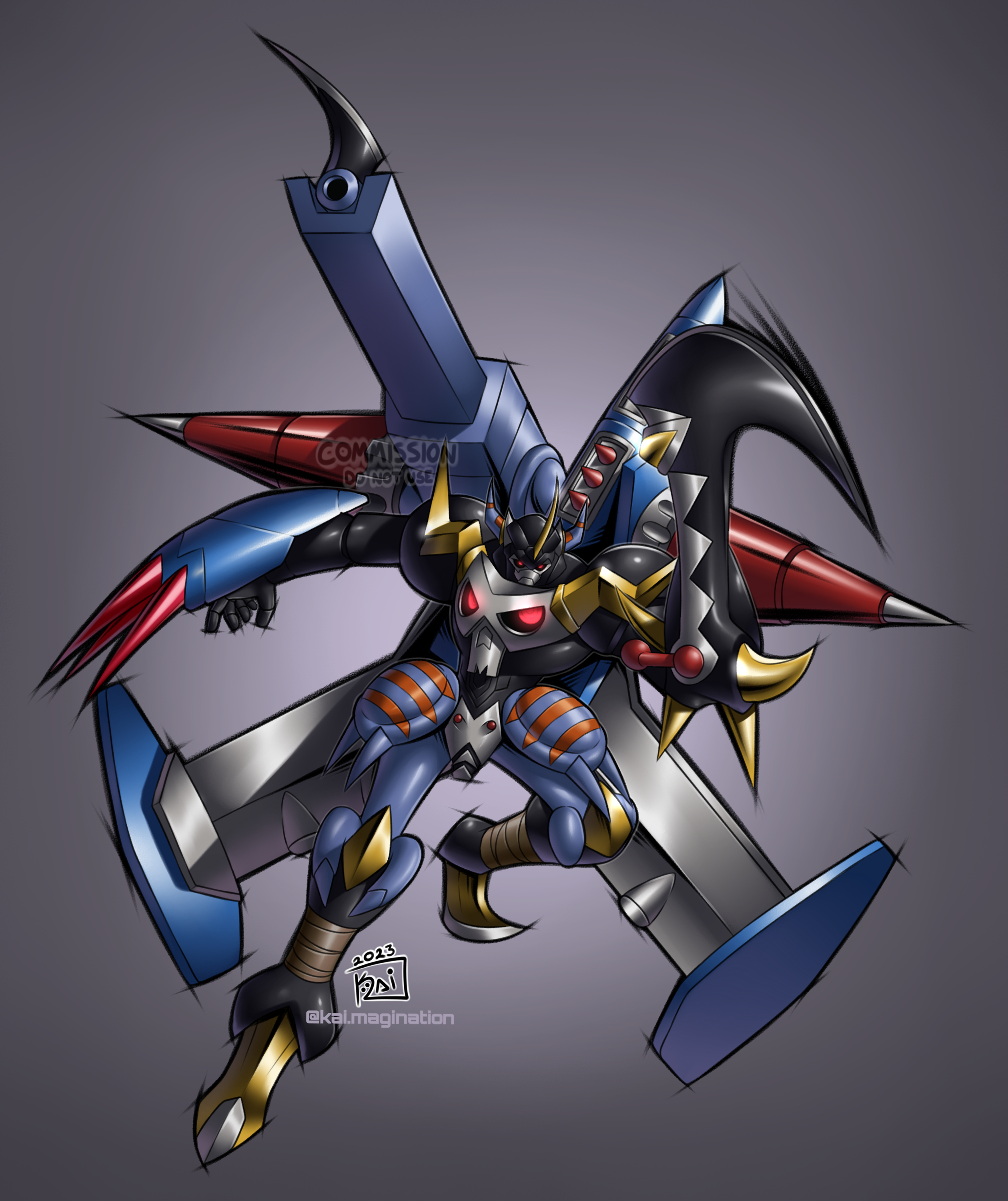 absurdres armor beta_digimon cannon dark_knight darkknightmon digimon fusion greyknightsmon highres lance metalgreymon_(digimon_xros_wars) polearm red_eyes spikes weapon wings
