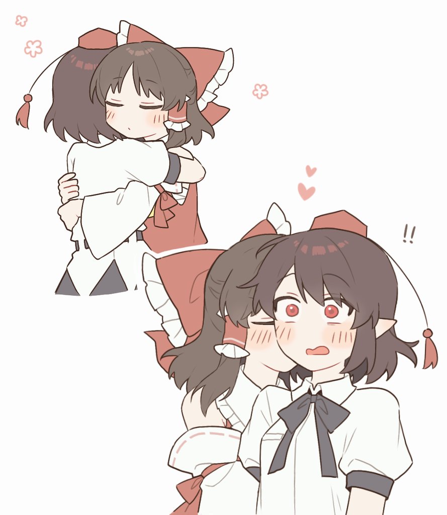 ! !! 2girls black_skirt blush bow brown_hair closed_eyes closed_mouth collared_shirt commentary_request detached_sleeves frilled_bow frilled_hair_tubes frills hair_bow hair_tubes hakurei_reimu hat heart hug kiss kissing_cheek long_hair multiple_girls no_wings open_mouth pointy_ears puffy_short_sleeves puffy_sleeves red_bow red_eyes red_hat ribbon-trimmed_sleeves ribbon_trim sakic43899 shameimaru_aya shirt short_sleeves skirt surprise_kiss surprised tokin_hat touhou white_shirt yuri