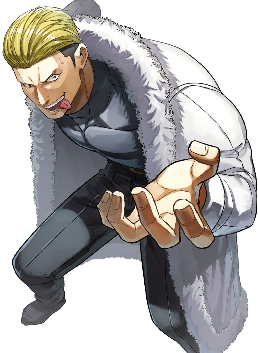 1boy arm_up belt black_belt black_footwear black_pants black_shirt blonde_hair boots claw_pose coat commentary compression_shirt fatal_fury fur-trimmed_coat fur_trim hair_slicked_back highres hunched_over long_coat long_sleeves looking_to_the_side male_focus multicolored_hair open_mouth pants shirt sideways_glance simple_background small_pupils teeth the_king_of_fighters tongue tongue_out two-tone_hair user_jmzg2528 white_background white_coat white_fur yamazaki_ryuuji