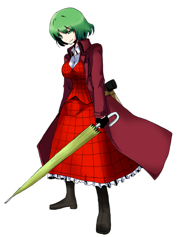 1girl bad_id bad_pixiv_id belt boots breasts capcom closed_umbrella coat devil_may_cry_(series) female_focus full_body green_eyes green_hair gun gunbelt head_tilt impossible_clothes kazami_yuuka large_breasts long_coat matching_hair/eyes oyaji-sou parody plaid_clothes plaid_skirt plaid_vest short_hair simple_background skirt skirt_set smirk solo standing touhou umbrella vest weapon white_background