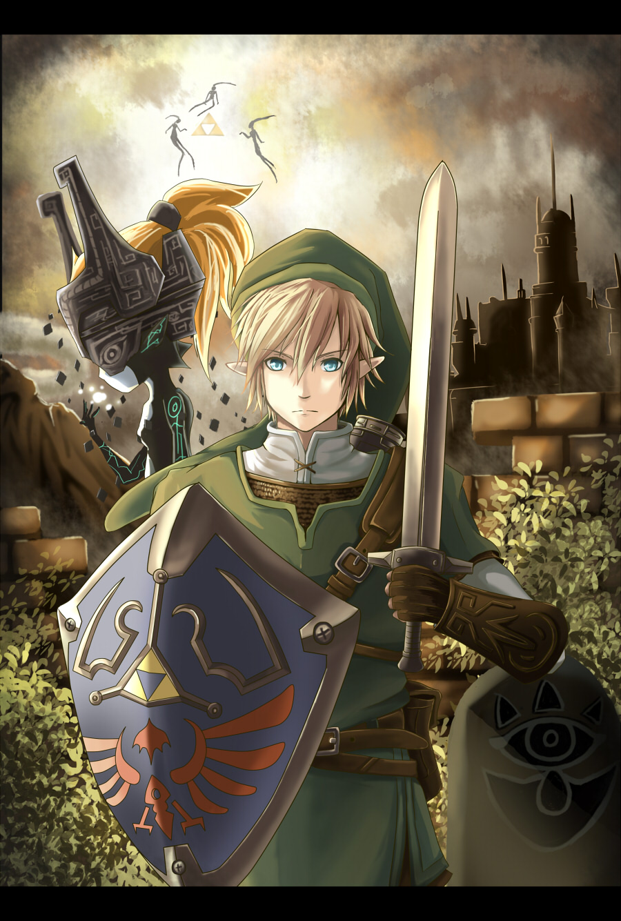1boy 1girl blonde_hair blue_eyes castle fiction_(artist) fiction_(forged) gloves hat helmet highres holding holding_sword holding_weapon hylian_shield link long_hair midna nintendo orange_hair pointy_ears shield sword the_legend_of_zelda the_legend_of_zelda:_twilight_princess triforce weapon