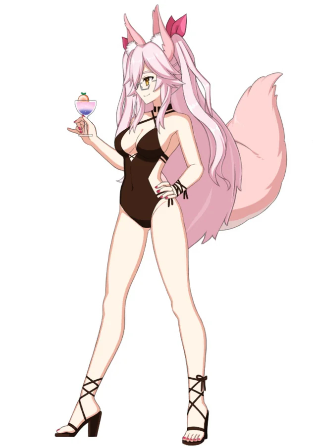 1girl animal_ears black_one-piece_swimsuit fate/grand_order fate_(series) fox_ears fox_tail glasses koyanskaya_(fate) mountain-falcon977 nail_polish one-piece_swimsuit pink_hair sprite swimsuit tail