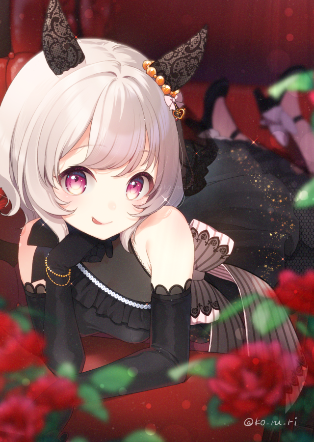 1girl animal_ears black_dress black_gloves black_shoes blurry blurry_foreground closed_mouth curren_chan_(sakutsuki_ma_cherie)_(umamusume) curren_chan_(umamusume) dress ear_covers elbow_gloves flower gloves high_heels horse_ears horse_girl koruri looking_at_viewer lying on_stomach purple_eyes red_flower red_rose rose shoes short_hair smile solo tongue tongue_out twitter_username umamusume white_hair