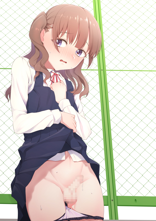 1boy blue_eyes blush brown_hair censored clothes_lift collared_shirt crossdressing dress dress_lift embarrassed erection hokuro_ryuuseigun junior_(hokuro_ryuuseigun) lifting_own_clothes long_hair male_focus mosaic_censoring open_mouth original outdoors panties panty_pull penis pinafore_dress pleated_dress precum precum_string school_uniform shirt sleeveless sleeveless_dress small_penis solo sweat testicles trap two_side_up underwear white_shirt