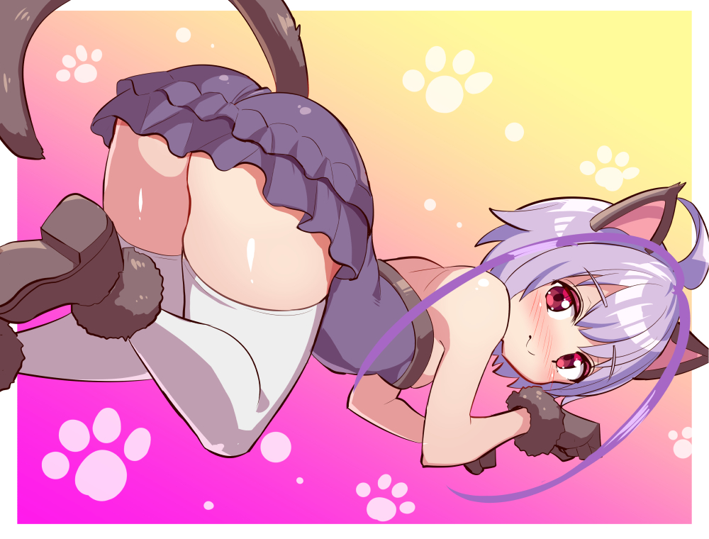 1girl animal_ears ass azure_striker_gunvolt azure_striker_gunvolt_1 black_dress blush cat_ears cat_tail cougar_(cougar1404) dress fake_animal_ears fake_tail gradient_background joule_(gunvolt) purple_background purple_eyes purple_hair solo tail thighhighs white_thighhighs yellow_background