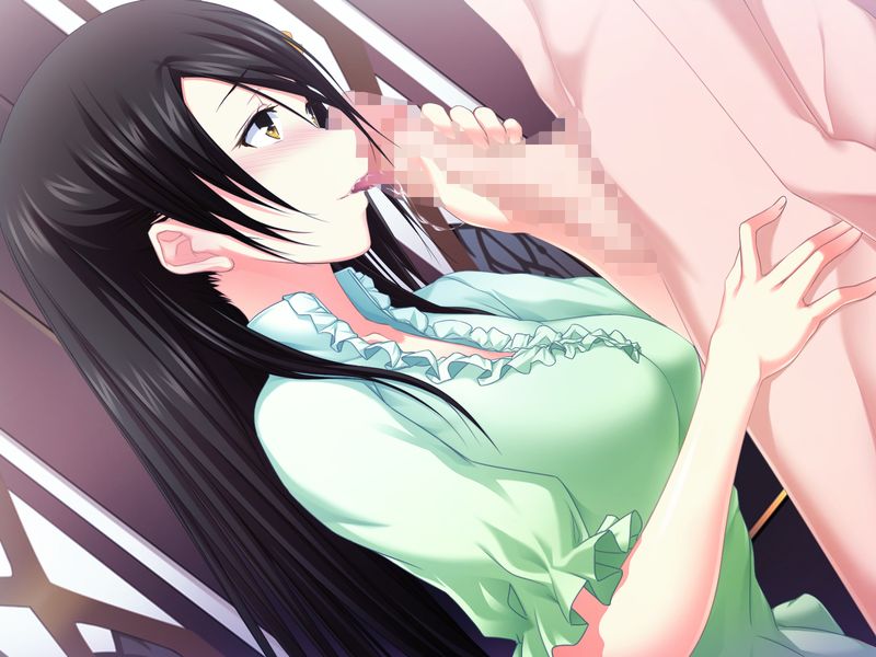 1boy 1girl black_hair breasts censored clothed_female_nude_male dutch_angle fellatio game_cg green_shirt hair_between_eyes handjob hazakura_seiso hetero kawagishi_keitarou long_hair looking_at_another maji_de_watashi_ni_koi_shinasai! medium_breasts mosaic_censoring nude oral penis profile shirt short_sleeves straight_hair tongue tongue_out very_long_hair yellow_eyes