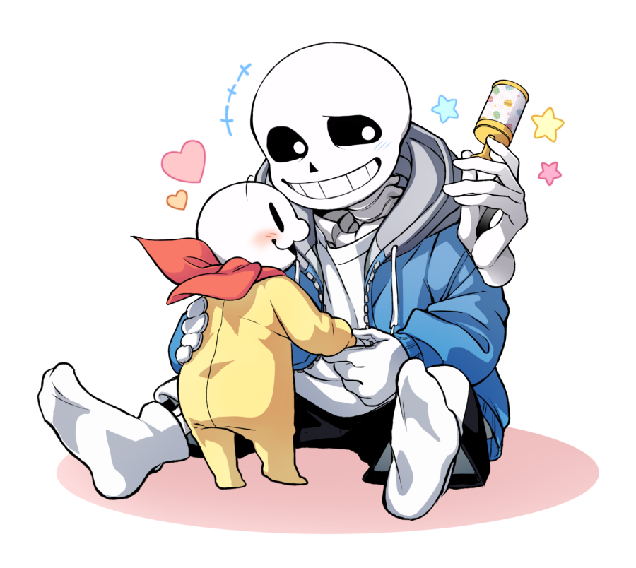 2boys aged_down ahin_vpv baby black_sclera black_shorts blue_jacket coat colored_sclera grin holding holding_toy jacket male_focus multiple_boys papyrus_(undertale) sans_(undertale) shorts skeleton smile socks teeth toy undertale white_coat white_eyes white_socks