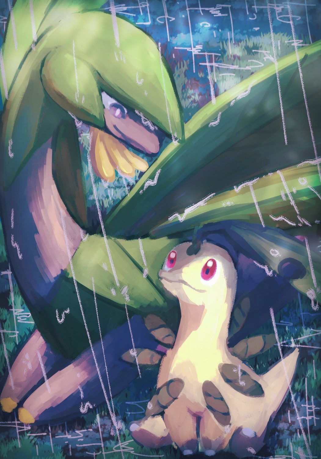 7_phi_3 animal_focus bayleef closed_mouth dinosaur gen_2_pokemon gen_3_pokemon grass highres looking_down looking_up nintendo no_humans pokemon pokemon_(creature) rain red_eyes sitting smile tropius water wings
