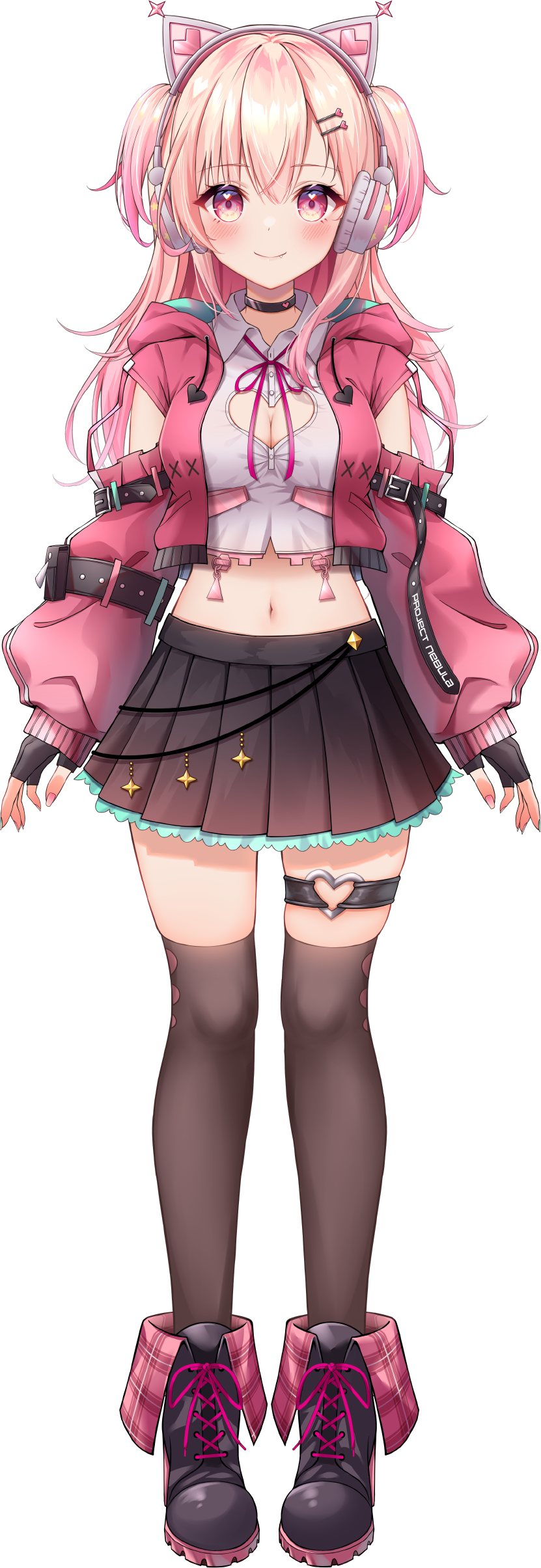 1girl absurdres animal_ear_headphones animal_ears ankle_boots aqua_nails arms_at_sides black_boots black_choker black_gloves blonde_hair boots breasts brown_skirt brown_thighhighs cat_ear_headphones cat_ears choker cleavage_cutout closed_mouth clothing_cutout collared_shirt cropped_shirt drawstring fake_animal_ears fang fingerless_gloves fold-over_boots full_body gloves gradient_hair headphones heart_cutout highres hood hood_down hooded_jacket jacket lace-up_boots long_hair long_sleeves looking_at_viewer medium_breasts momose_nina multicolored_hair nail_polish navel neck_ribbon o-ring o-ring_thigh_strap official_art open_clothes open_jacket pink_eyes pink_hair pink_jacket pink_nails pink_ribbon pleated_skirt project_nebula ribbon shirt simple_background skirt solo standing tachi-e thigh_strap thighhighs toki_(toki_ship8) transparent_background virtual_youtuber white_shirt