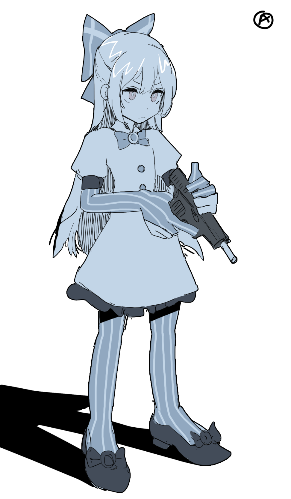 1girl bodysuit bow circle_a cocking_gun commentary_request dress full_body girls&#039;_frontline gun hair_bow handgun highres holding holding_gun holding_weapon juliet_sleeves long_hair long_sleeves monochrome puffy_sleeves shoes short_sleeves simple_background solo standing striped_bodysuit tokarev_(girls&#039;_frontline) tokarev_tt-33 weapon white_background