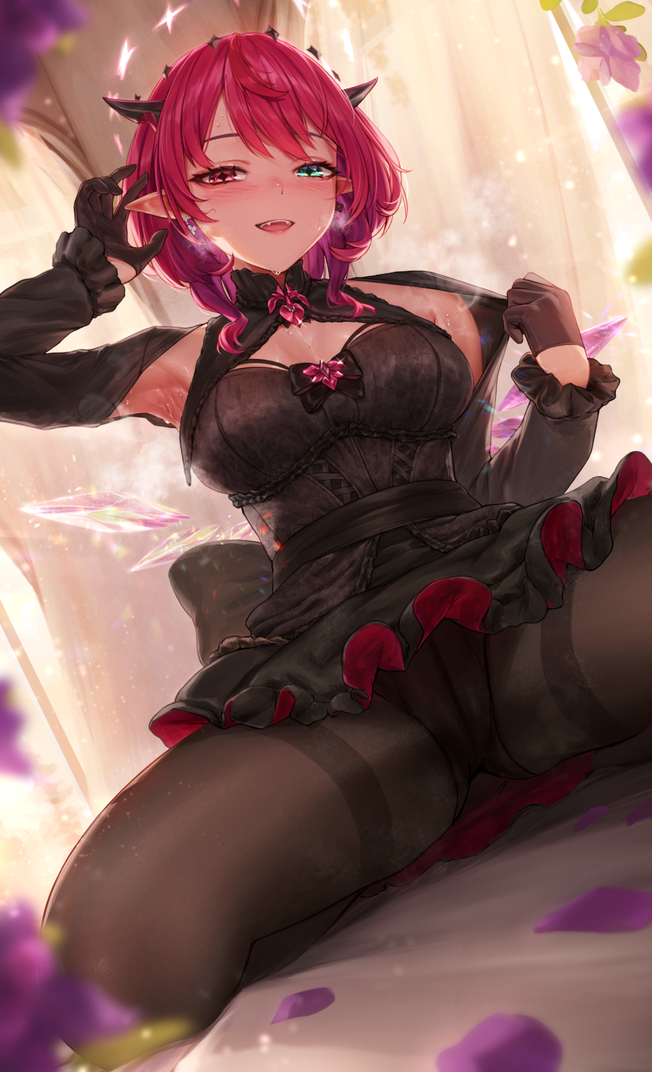 1girl :d armpits bed_sheet black_bow black_pantyhose black_shirt black_skirt blue_eyes blurry blurry_foreground bob_cut bow breasts cameltoe chest_bow cleavage_cutout clothes_grab clothing_cutout commentary commentary_request crystal_wings curtains depth_of_field detached_sleeves double_halo earrings english_commentary fangs flower flower_earrings halo heterochromia highres hololive hololive_english indoors irys_(hololive) jewelry large_breasts looking_at_viewer medium_hair miniskirt mismatched_earrings mixed-language_commentary open_mouth padoruu paid_reward_available pantyhose pink_eyes pointy_ears purple_flower red_hair shirt short_hair sitting skirt smile solo spread_legs star-shaped_pupils star_(symbol) star_halo steaming_body sweat symbol-shaped_pupils teeth upper_teeth_only virtual_youtuber