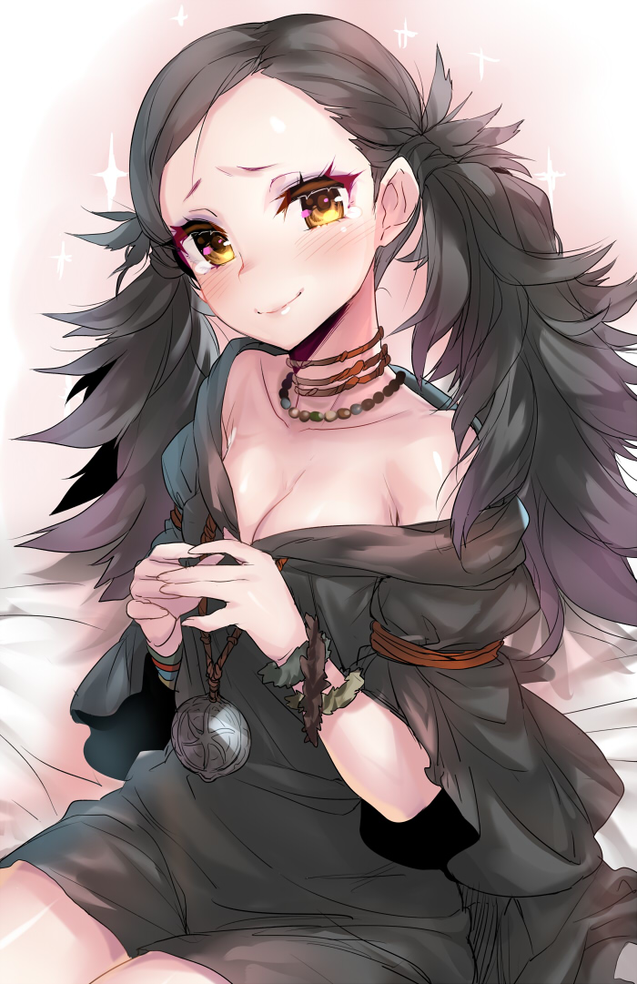 1girl black_hair blush bracelet breasts brown_eyes choker cleavage dragon&#039;s_dogma dragon&#039;s_dogma_(series) female_focus jewelry long_hair looking_at_viewer naso4 necklace selene_(dragon&#039;s_dogma) small_breasts smile solo twintails