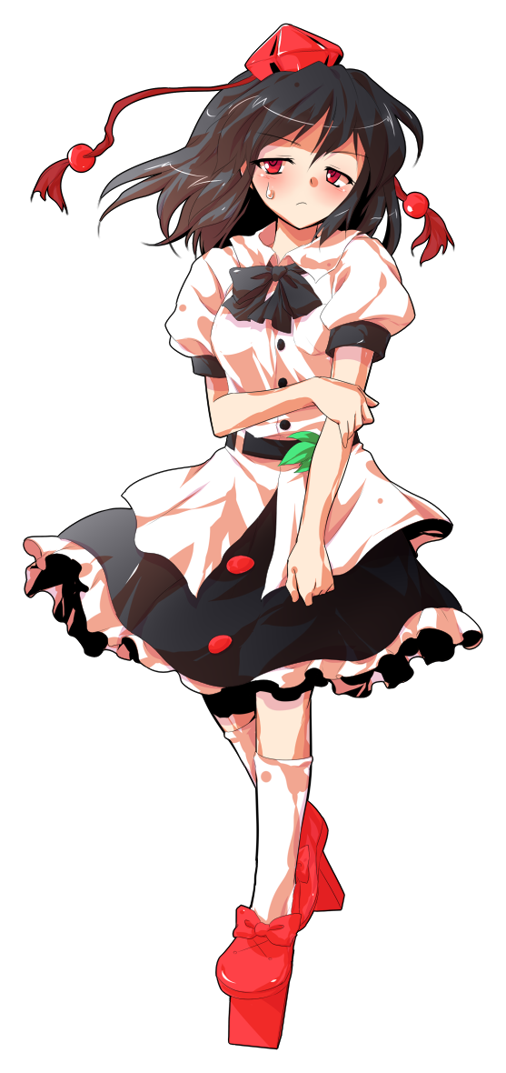 1girl black_bow black_bowtie black_hair black_skirt bow bowtie dairi defeat frilled_skirt frills full_body geta hat miniskirt puffy_short_sleeves puffy_sleeves red_hat red_shoes shameimaru_aya shirt shoes short_sleeves simple_background skirt socks solo tachi-e tengu-geta tokin_hat torn_clothes torn_socks touhou transparent_background white_shirt white_socks
