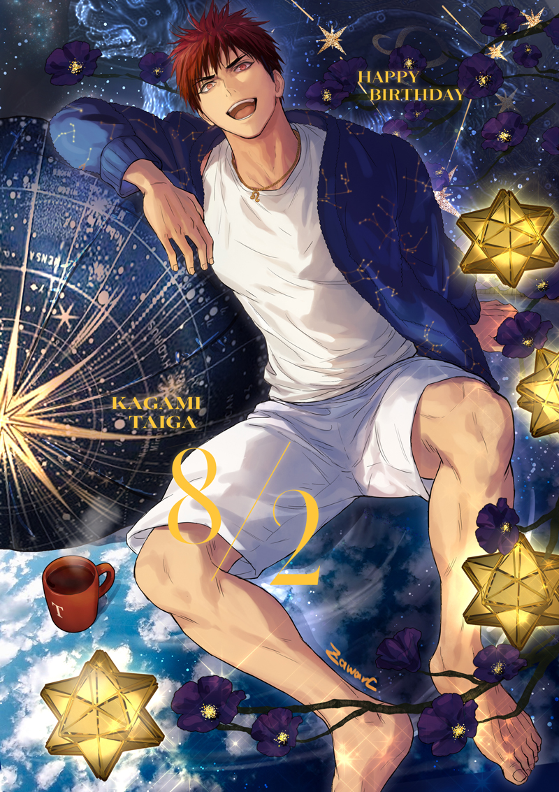 1boy barefoot blue_jacket capricorn_(constellation) character_name cup english_text flower gemini_(constellation) happy_birthday jacket jewelry kagami_taiga kuroko_no_basuke leo_(constellation) male_focus necklace open_clothes open_jacket open_mouth pisces_(constellation) purple_flower red_eyes red_hair sagittarius_(constellation) scorpius_(constellation) short_hair shorts smile solo star_(sky) tank_top taurus_(constellation) white_shorts white_tank_top zawar379