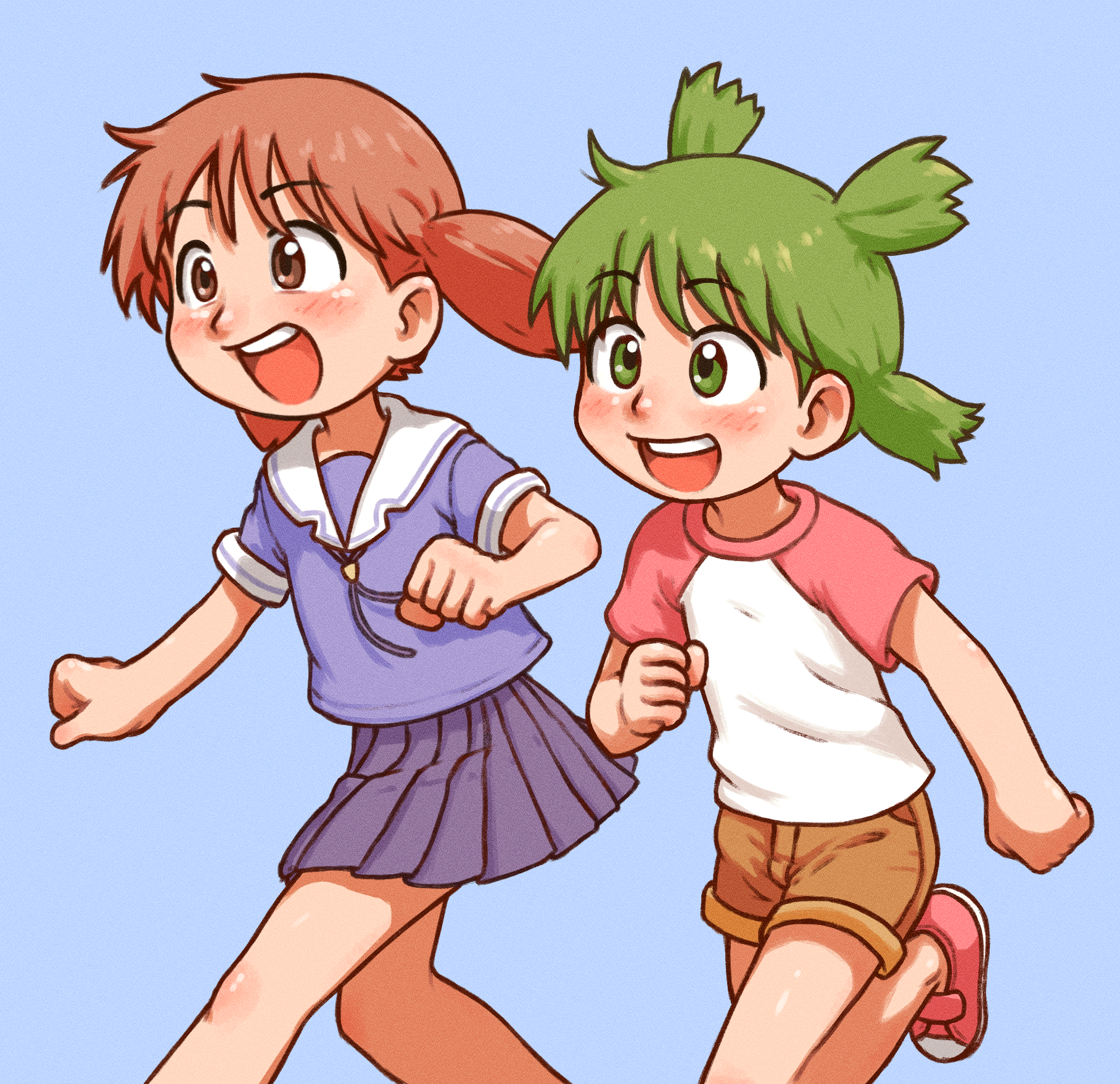 2girls azumanga_daiou beachepisode blue_background blush brown_eyes brown_hair brown_shorts crossover green_hair highres koiwai_yotsuba mihama_chiyo multiple_girls open_mouth red_shoes school_uniform shirt shoes short_hair short_sleeves shorts simple_background smile sneakers t-shirt yotsubato!