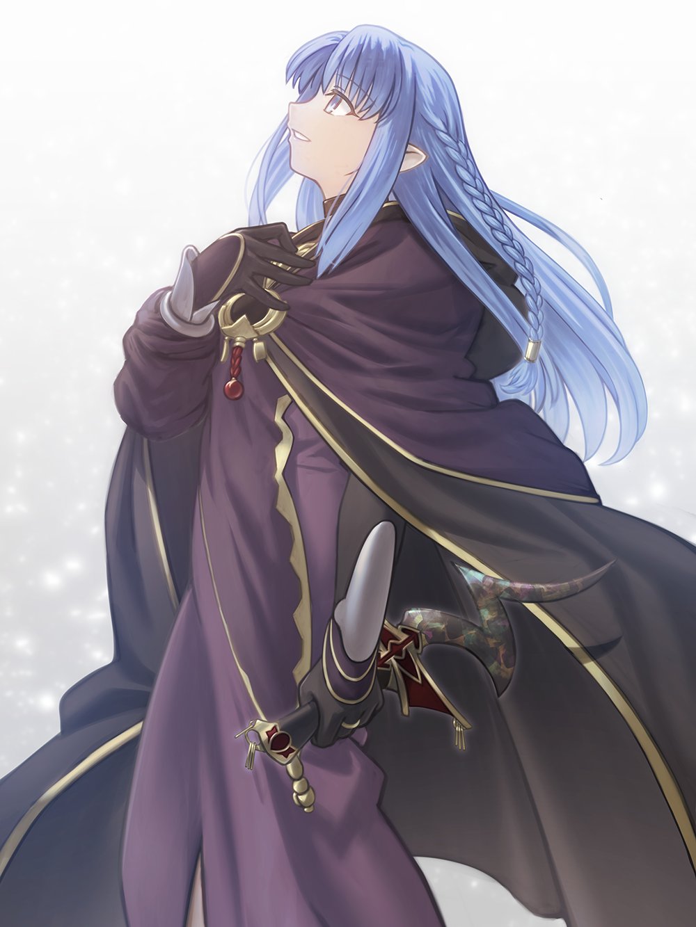 1girl black_gloves blue_eyes blue_hair braid cloak dagger fate/stay_night fate_(series) gloves hand_on_own_chest highres holding holding_dagger holding_knife holding_weapon hood hooded_cloak knife light_blue_hair long_hair looking_up medea_(caster)_(fate) medea_(fate) pointy_ears rulebreaker shoori_(migiha) standing weapon