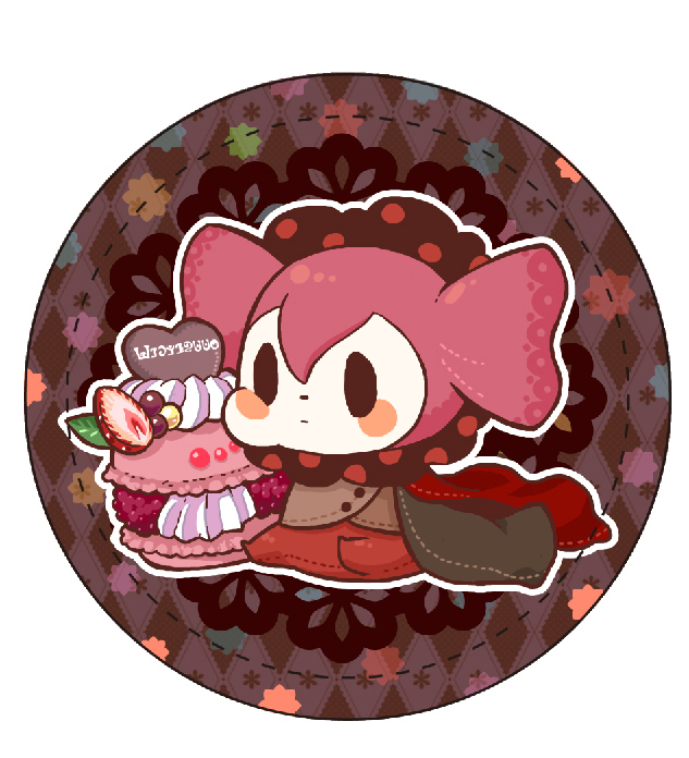 10s argyle_background argyle_clothes bad_id bad_pixiv_id charlotte_(madoka_magica) food hachi_(gaoo) macaron macaroons madoka_runes mahou_shoujo_madoka_magica mahou_shoujo_madoka_magica_(anime) no_humans puffy_cheeks solo sweets whipped_cream