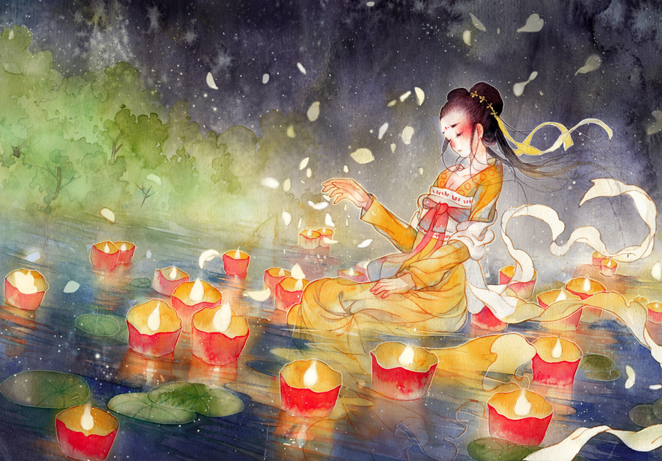 1girl black_hair blush candle chinese_clothes duijin_ruqun facial_mark forehead_mark hagoromo hanfu huadian lily_pad night orange_hanfu original outdoors painting_(medium) qixiong_ruqun rei_(456789io) sash shawl sitting_on_liquid sky solo traditional_media watercolor_(medium) white_sash